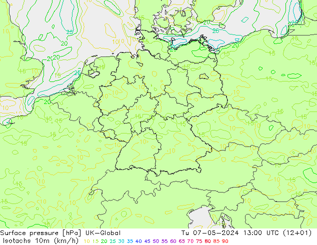 Isotachs (kph) UK-Global Tu 07.05.2024 13 UTC