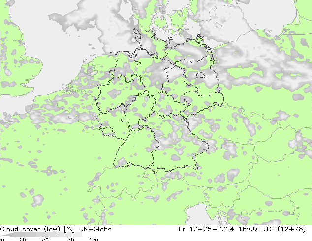 Cloud cover (low) UK-Global Fr 10.05.2024 18 UTC