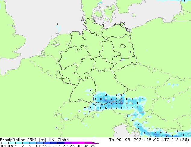 Totale neerslag (6h) UK-Global do 09.05.2024 00 UTC