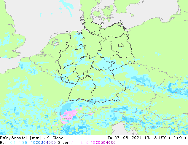 Rain/Snowfall UK-Global Tu 07.05.2024 13 UTC