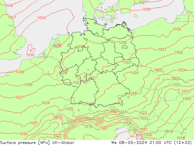 pressão do solo UK-Global Qua 08.05.2024 21 UTC