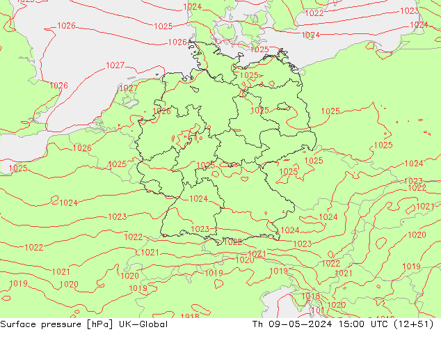 Surface pressure UK-Global Th 09.05.2024 15 UTC