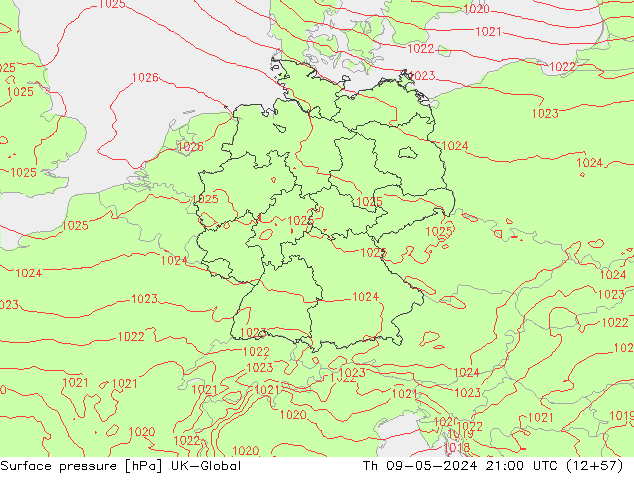 Surface pressure UK-Global Th 09.05.2024 21 UTC