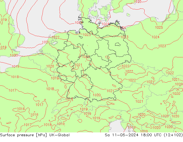 Pressione al suolo UK-Global sab 11.05.2024 18 UTC