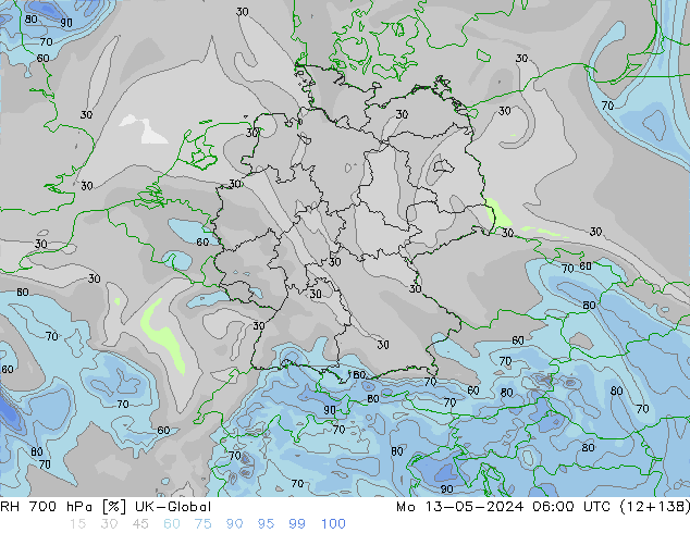 Humedad rel. 700hPa UK-Global lun 13.05.2024 06 UTC