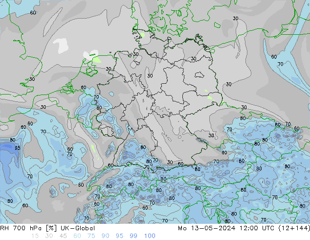 Humidité rel. 700 hPa UK-Global lun 13.05.2024 12 UTC