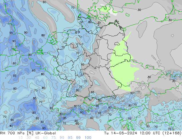 Humidité rel. 700 hPa UK-Global mar 14.05.2024 12 UTC