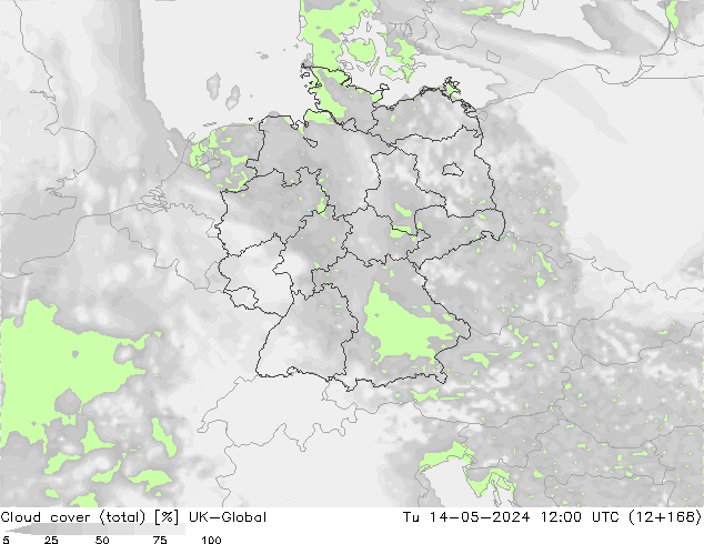 Cloud cover (total) UK-Global Út 14.05.2024 12 UTC