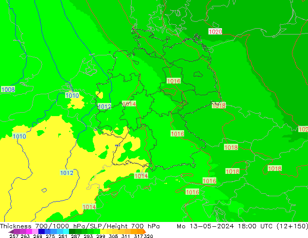 Espesor 700-1000 hPa UK-Global lun 13.05.2024 18 UTC