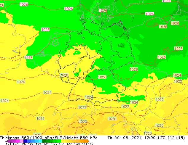 Thck 850-1000 hPa UK-Global Th 09.05.2024 12 UTC