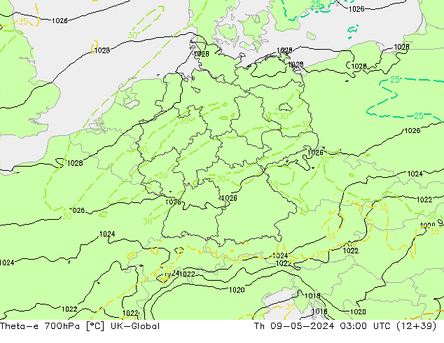 Theta-e 700hPa UK-Global Th 09.05.2024 03 UTC