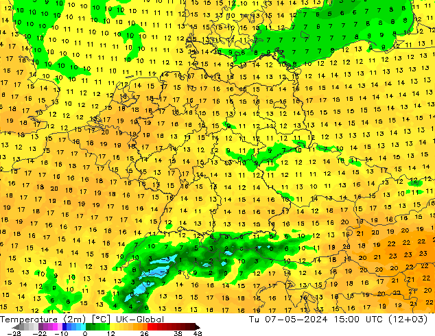 Temperaturkarte (2m) UK-Global Di 07.05.2024 15 UTC