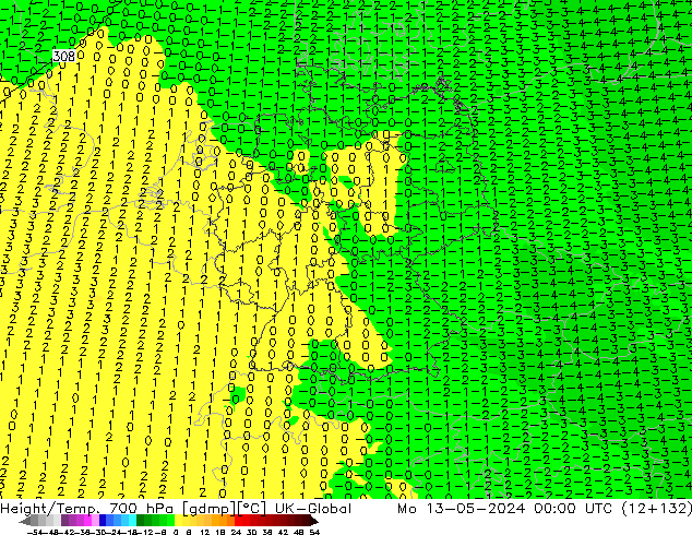 Height/Temp. 700 hPa UK-Global Mo 13.05.2024 00 UTC