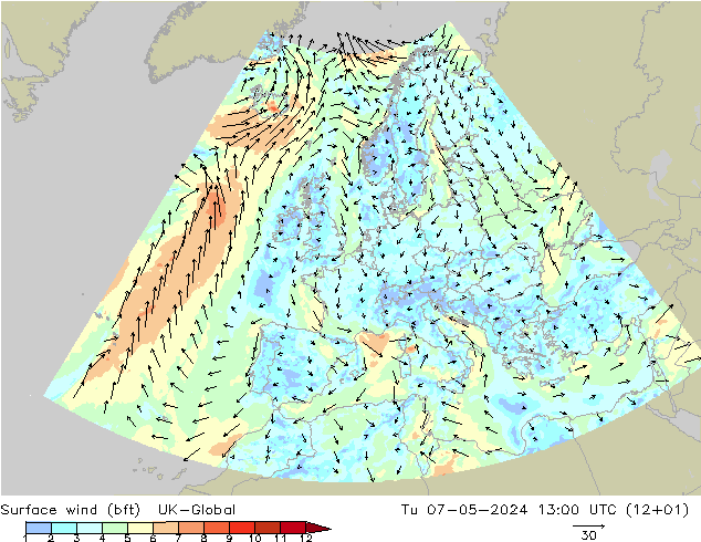 Surface wind (bft) UK-Global Út 07.05.2024 13 UTC