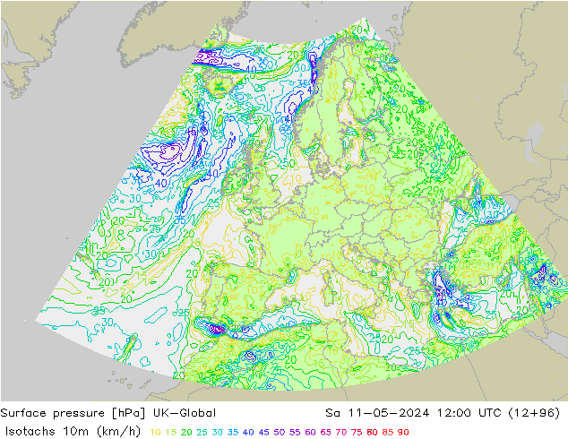 Isotachen (km/h) UK-Global Sa 11.05.2024 12 UTC