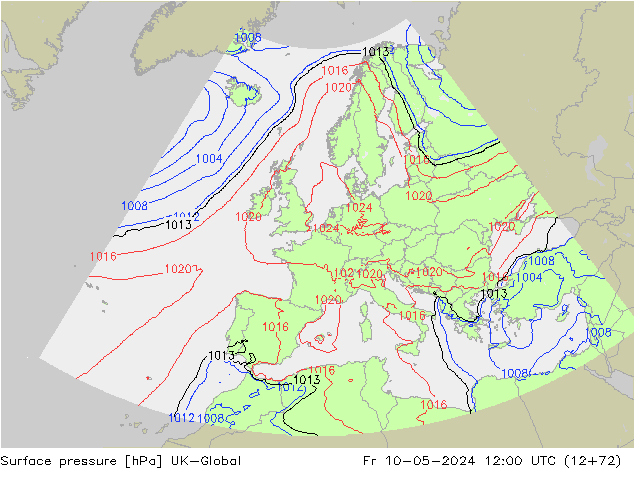 Pressione al suolo UK-Global ven 10.05.2024 12 UTC