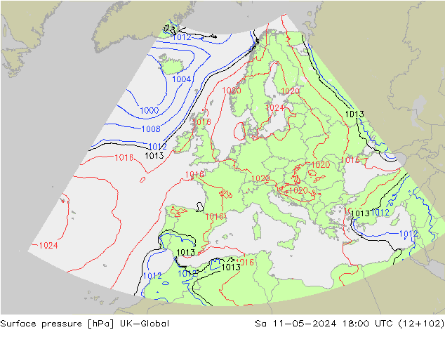 Pressione al suolo UK-Global sab 11.05.2024 18 UTC