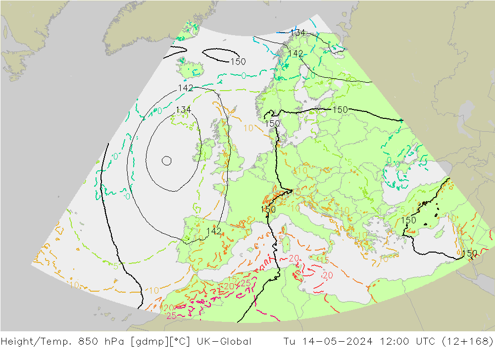 Height/Temp. 850 hPa UK-Global Tu 14.05.2024 12 UTC