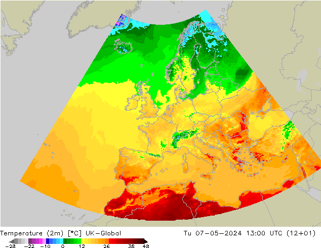 Temperaturkarte (2m) UK-Global Di 07.05.2024 13 UTC