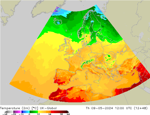 Temperature (2m) UK-Global Th 09.05.2024 12 UTC