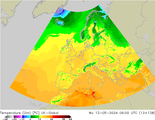 Sıcaklık Haritası (2m) UK-Global Pzt 13.05.2024 06 UTC