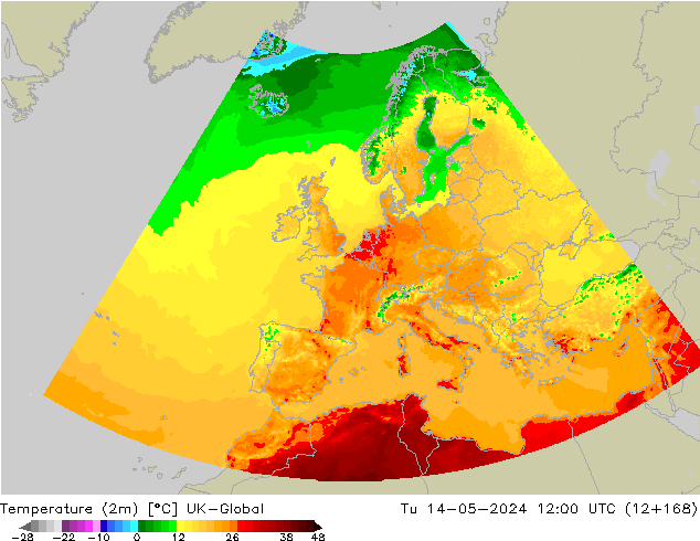 Temperaturkarte (2m) UK-Global Di 14.05.2024 12 UTC