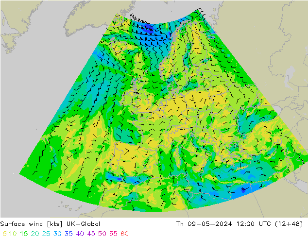 Rüzgar 10 m UK-Global Per 09.05.2024 12 UTC