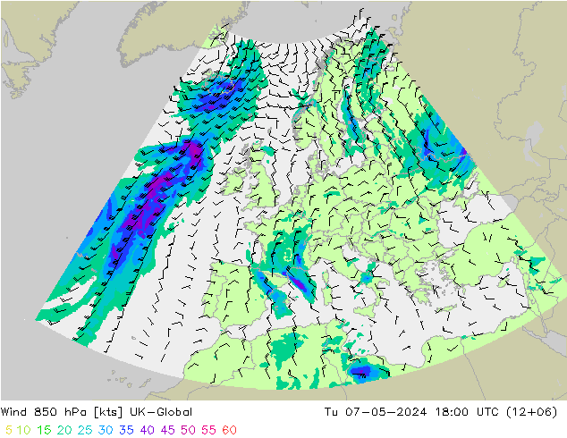 Wind 850 hPa UK-Global di 07.05.2024 18 UTC