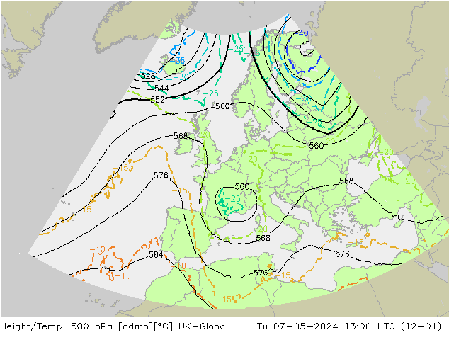 Height/Temp. 500 hPa UK-Global  07.05.2024 13 UTC