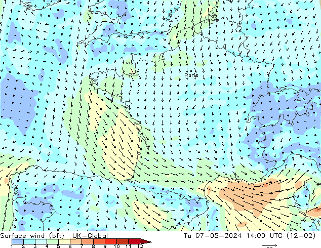 Vent 10 m (bft) UK-Global mar 07.05.2024 14 UTC