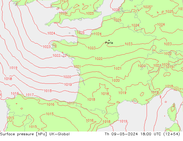 Presión superficial UK-Global jue 09.05.2024 18 UTC
