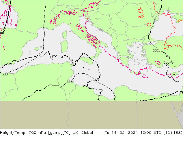 Height/Temp. 700 hPa UK-Global Tu 14.05.2024 12 UTC