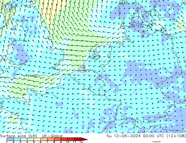 Surface wind (bft) UK-Global Su 12.05.2024 00 UTC