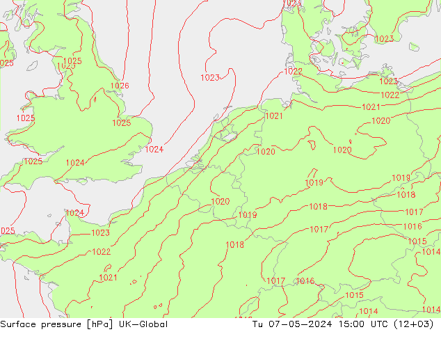 Surface pressure UK-Global Tu 07.05.2024 15 UTC