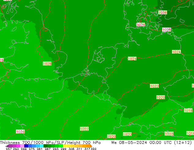 700-1000 hPa Kalınlığı UK-Global Çar 08.05.2024 00 UTC