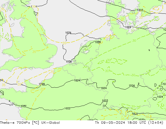 Theta-e 700hPa UK-Global gio 09.05.2024 18 UTC