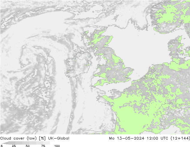 Bewolking (Laag) UK-Global ma 13.05.2024 12 UTC