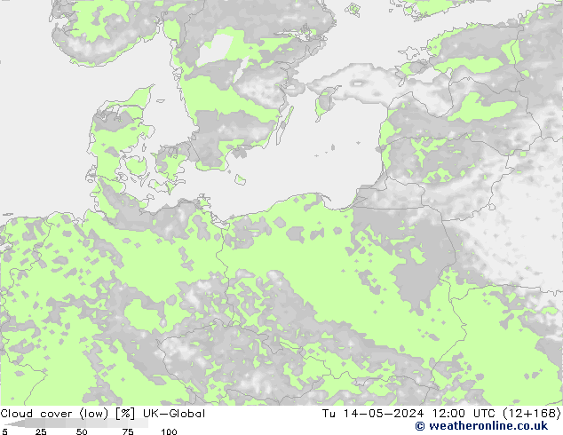 Cloud cover (low) UK-Global Tu 14.05.2024 12 UTC