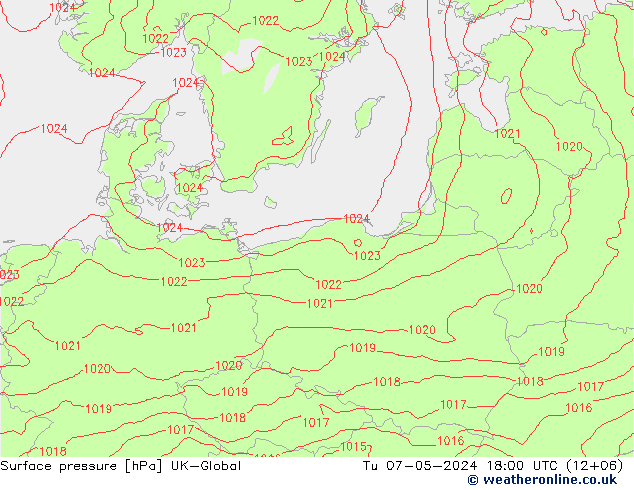 Surface pressure UK-Global Tu 07.05.2024 18 UTC