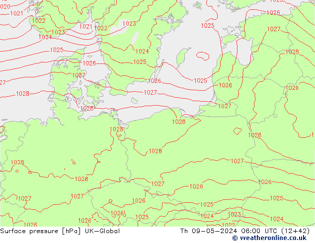 Surface pressure UK-Global Th 09.05.2024 06 UTC