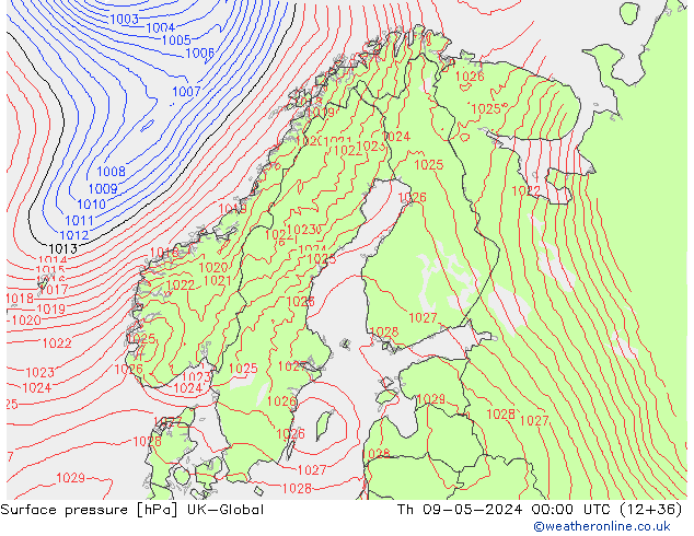 Surface pressure UK-Global Th 09.05.2024 00 UTC