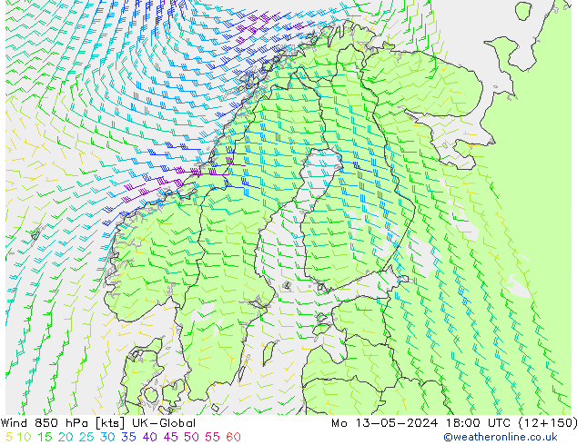 Rüzgar 850 hPa UK-Global Pzt 13.05.2024 18 UTC