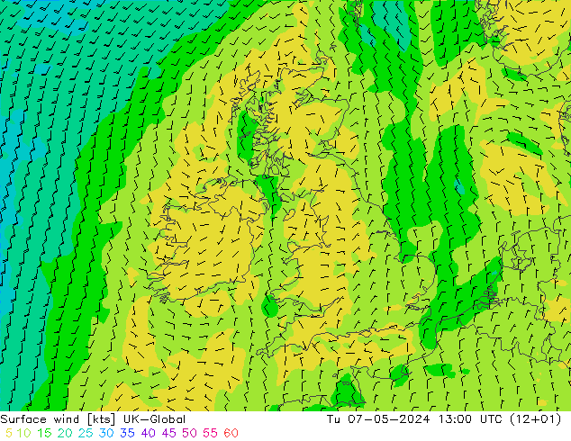 Surface wind UK-Global Tu 07.05.2024 13 UTC