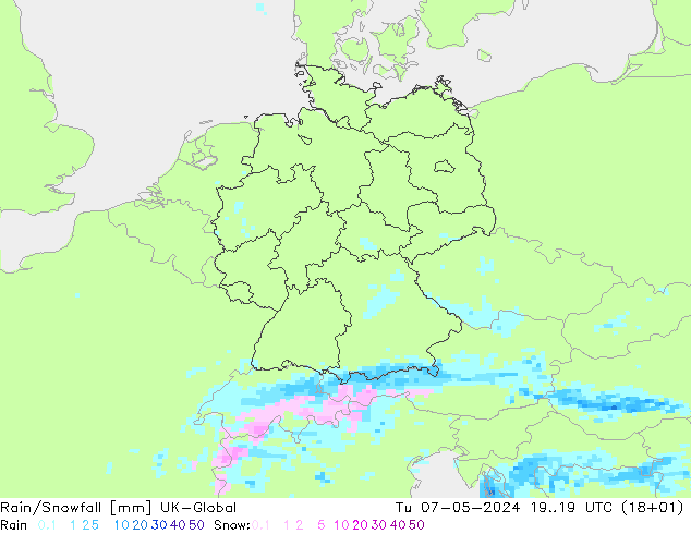 Rain/Snowfall UK-Global Tu 07.05.2024 19 UTC