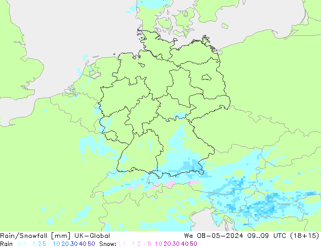 Rain/Snowfall UK-Global śro. 08.05.2024 09 UTC