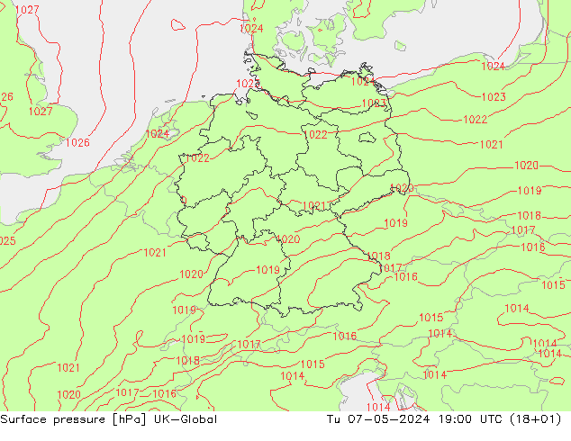 地面气压 UK-Global 星期二 07.05.2024 19 UTC