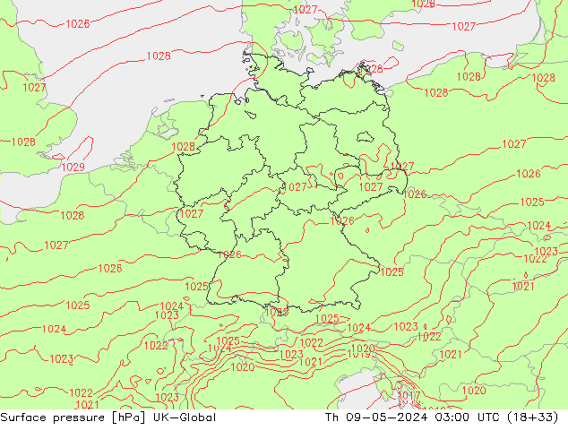 Surface pressure UK-Global Th 09.05.2024 03 UTC