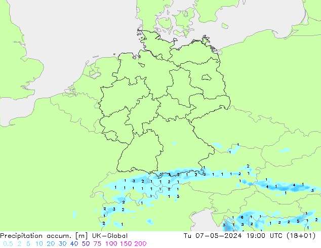 Precipitation accum. UK-Global Tu 07.05.2024 19 UTC