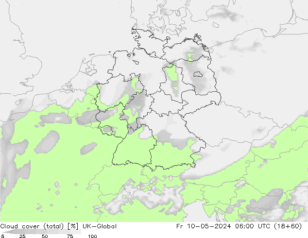 Cloud cover (total) UK-Global Fr 10.05.2024 06 UTC