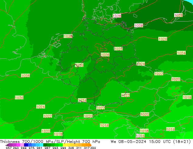 Thck 700-1000 hPa UK-Global We 08.05.2024 15 UTC